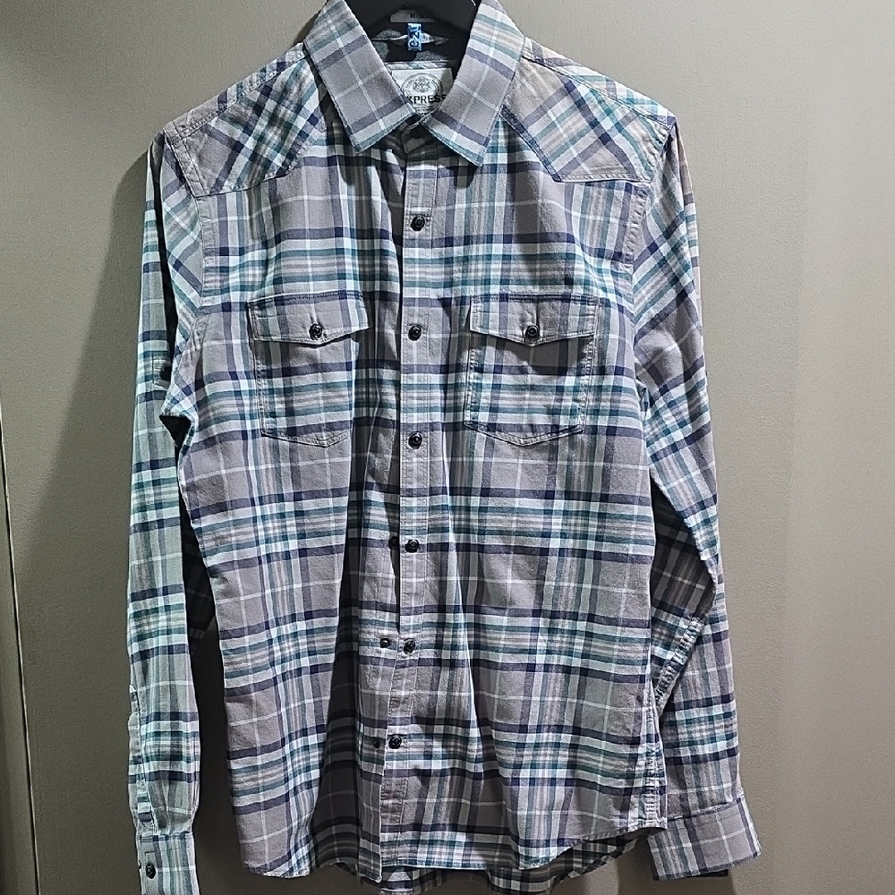 Express Men's Blue and Gray Plaid Shirt